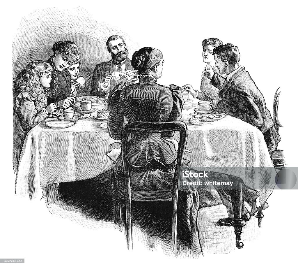 Victorian family around the tea table A Victorian family enjoying a companionable teatime together. It would appear that the girls’ governess is also included. From “The Mothers’ Companion”, Vol IX, published in 1895 by S W Partridge & Co, London. Middle Class stock illustration