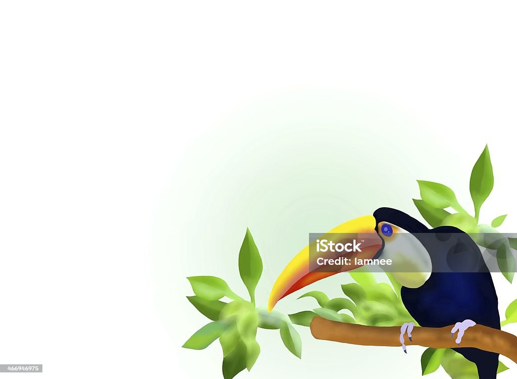 Hornbill on Branch Hand Drawing of A Borneo Exoctic Great Hornbill Bird on Branch in Rain forest Background Animal stock illustration