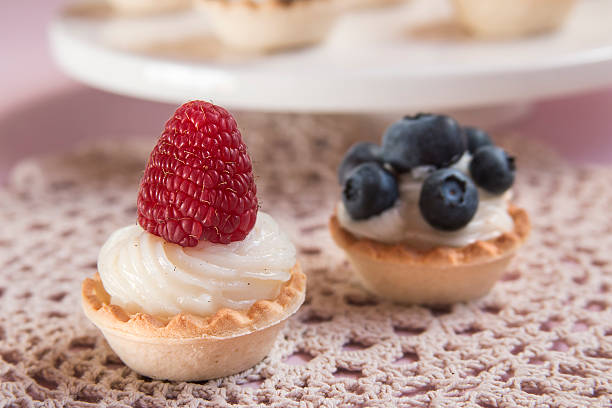 istock Sweet tartlets filled with cream and raspberry on pink backgroun 466951038