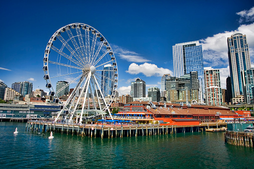 Seattle, USA - Jun 23, 2022: Sunset on the waterfront with the Seattle Great Wheel.