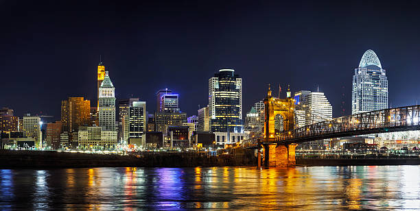Cincinnati downtown panoramic overview Cincinnati downtown panoramic overview in the night ohio river photos stock pictures, royalty-free photos & images