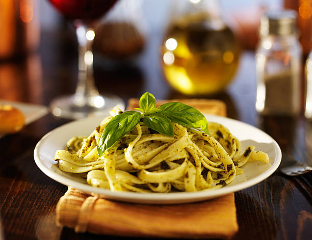 basil pesto sauce on fettuccine pasta