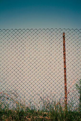 A metal fence against a blue sky background.  The metal fence extends from the bottom of the image to approximately three-fourths of the way up.  At the base of the metal fence, there are several brown and green weeds and long, uncut grass.  There is a metal pole on the right side of the image.