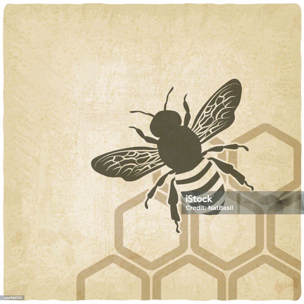 Bee illustration over honeycomb background A vector illustration of a bee on a vintage background.  The bee is black, with stripes on its end.  The details of the antennae and the legs are clearly visible.  The bee's wings are detailed with a simple pattern that allows the background color to show through as an accent color.  The bee is placed on a vintage, tan colored background that has soft edges.  At the base of the bee, there is a honeycomb pattern on the background.  The honeycomb is a medium brown color outlining the pattern with the background color in the center. Bee stock vector