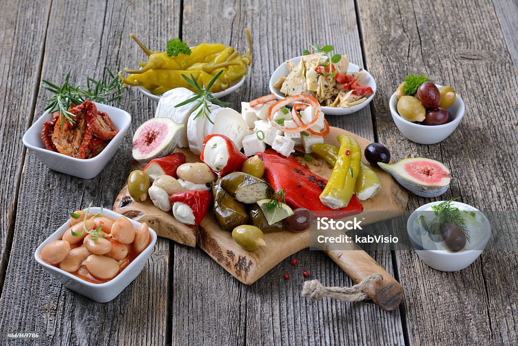 Greek food A selection of typical cold Greek appetizers Olive - Fruit Stock Photo