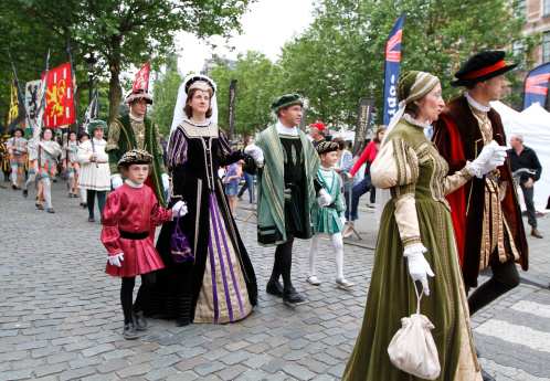 Brussels, Belgium- July 2, 2013 Performers taking part on medieval pageant during medieval Carolus V Festival on 2 and 4 july 2013 commemorating Emperor Charles V