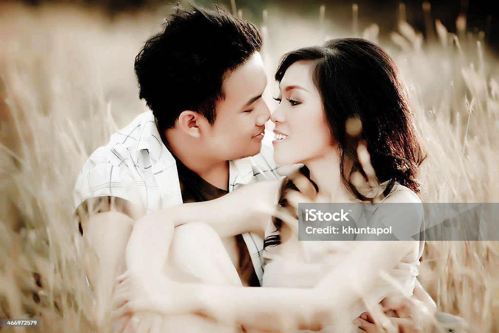 Young couple kissing in summer field Adult Stock Photo