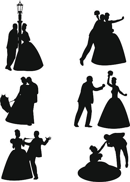 ilustraciones, imágenes clip art, dibujos animados e iconos de stock de pareja de novios silhouttes - dancing women wedding reception men