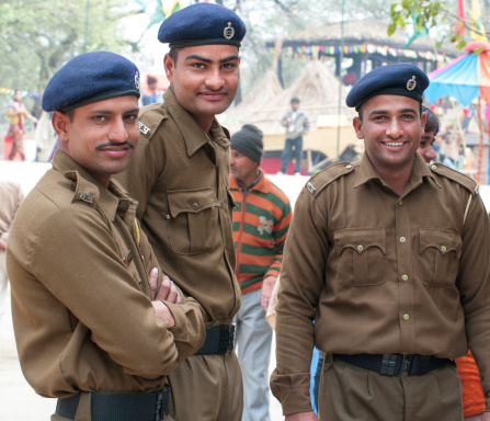 Delhi, India - February 04, 2012: Unidentified group of policemen  February 04, 2012 at the annual Surajkund Fair on the outskirts of Delhi in India.