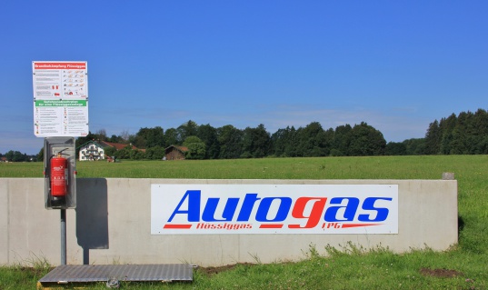 Holzkirchen, Germany - July 27, 2011:  Sign for autogas at an OMV petrol station in Holzkirchen.  OMV is the leading energy company in Central and Southern Europe.
