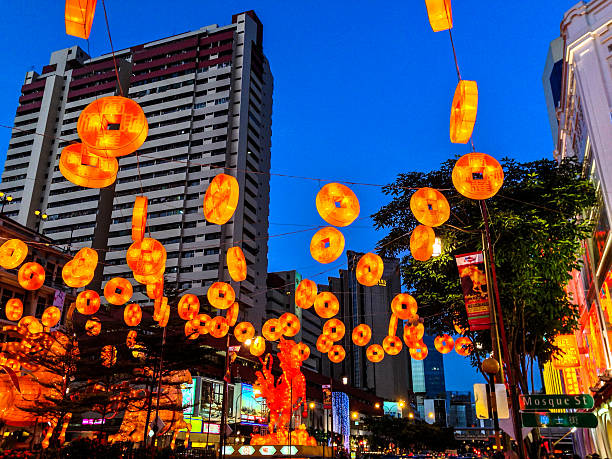 Singapore, Singapore – January 29, 2014: Festive decorations on Eu Tong Sen street in Chinatown for the Lunar New Year of the Horse.