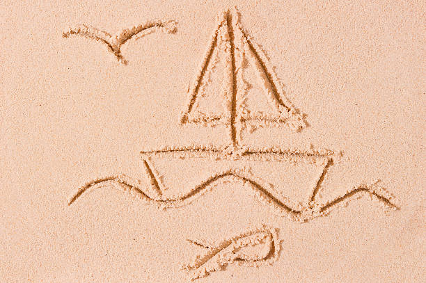 istock ship at sea and seagull drawn on the sand 466978851