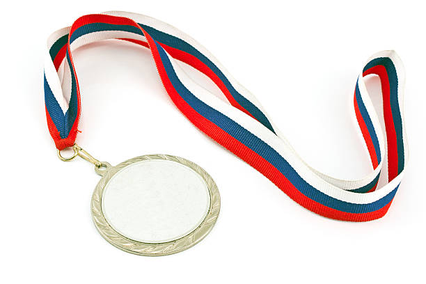 istock Silver medal with color stripes isolated on white 466979675