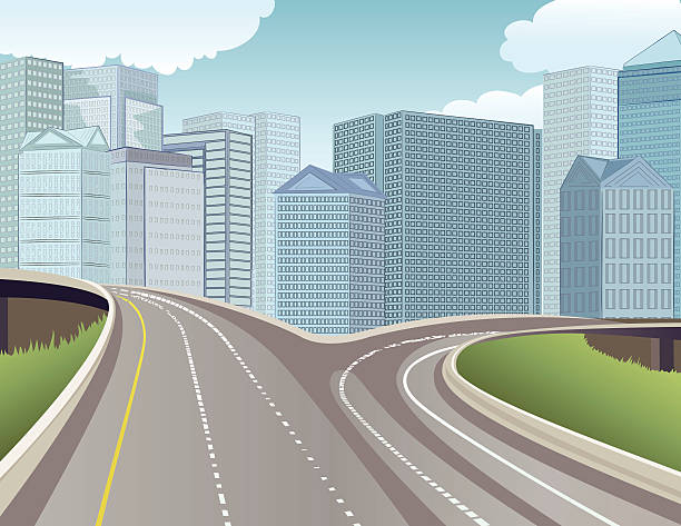 two lane highway die stadt im hintergrund.   - two lane highway stock-grafiken, -clipart, -cartoons und -symbole