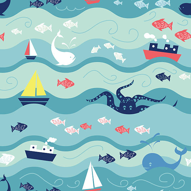 Childrens Ocean Life Seamless Repeating Pattern Children's Ocean Life Seamless Repeating pattern with boats, octopus, fish , whales ands waves. The water is layered in waving lines of blues. fish illustrations stock illustrations