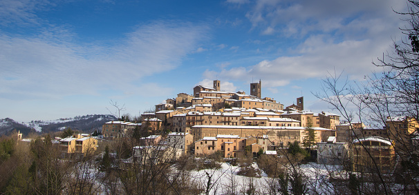 Panoramic view of Sarnano medieval village, Italy.