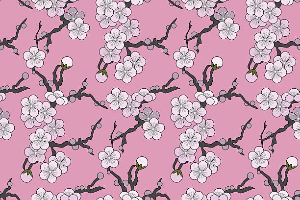 plum blossom (nahtlose muster kimono-stil) - backgrounds green pink silk stock-grafiken, -clipart, -cartoons und -symbole