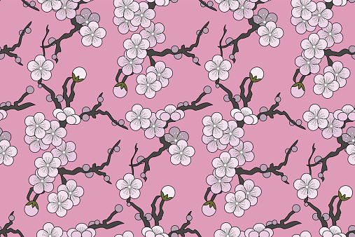 Vector illustration of seamless, Japanese textile design with plum or cherry blossoms on a pink background in a „silk kimono-style“.