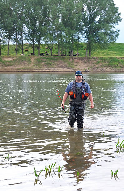 istock Fisherman with spinning in special clothes out of  river. 466987529