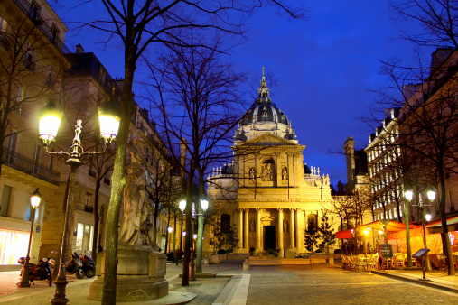 One of the most famous european universities with it's surrounding buildings, cafés and stores in Paris, France