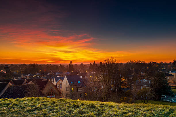 Cambridge Dusk Golden Sky with the Cambridge Town shot took from the hill Castle Mound, the highest point of Cambridge, in the evening cambridge england photos stock pictures, royalty-free photos & images