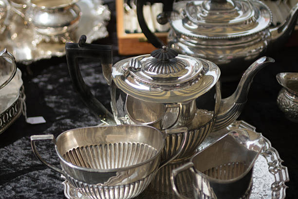istock Silver plated teapot, milk jug and sugar bowl 466990249