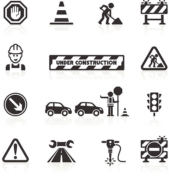 illustrazioni stock, clip art, cartoni animati e icone di tendenza di icone di lavori in corso - jackhammer road construction construction worker road
