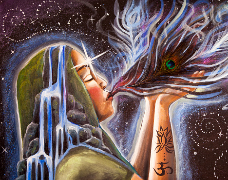 Visionary Art: Woman releasing energy to universe through breath.