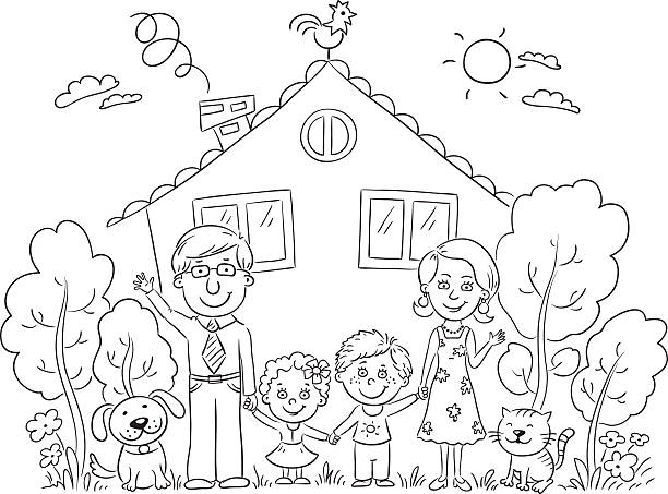 familie im haus, kontur - coloring book coloring book pets stock-grafiken, -clipart, -cartoons und -symbole