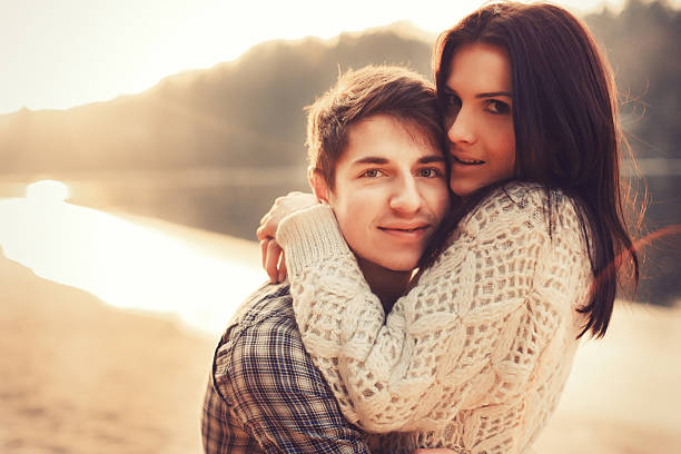 Young beautiful couple outdoor portrait stock photo