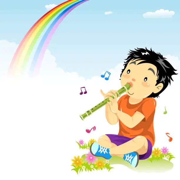 Vector illustration of Little Boy Playing Recorder in Spring