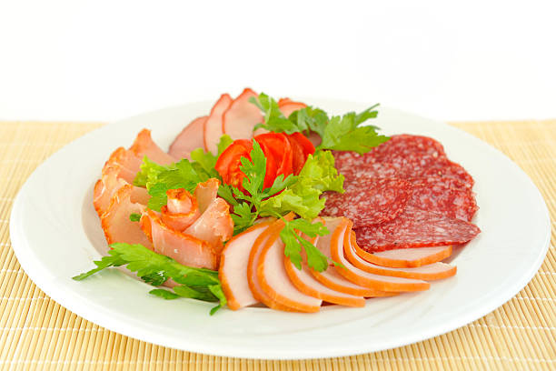 istock Dish with pastrami and salami slices. 466996433