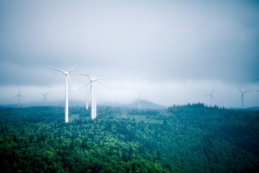 Windpark in Carleton, Gaspesie, Canada. Shot on a foggy day with Canon 5DII.