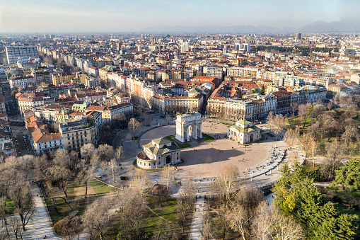Panoramic  view of Milan (Italy). Sempione Square and Arco della Pace. Partial view of Sempione Park.