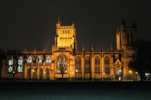 Bristol, England - March 17, 2015: A view of Bristol Cathedral at night, taken from College Green on Park Street