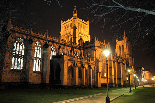 Bristol, England - March 17, 2015: A view of Bristol Cathedral at night, taken from College Green on Park Street