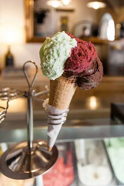 Italian Gelato cone, Mint, forest fruits and chocolate flavours.