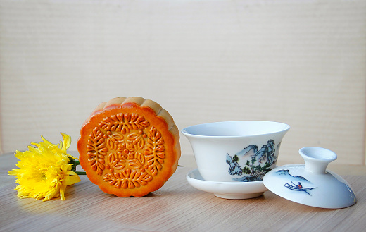 Mooncake and tea,Chinese mid autumn festival food. 