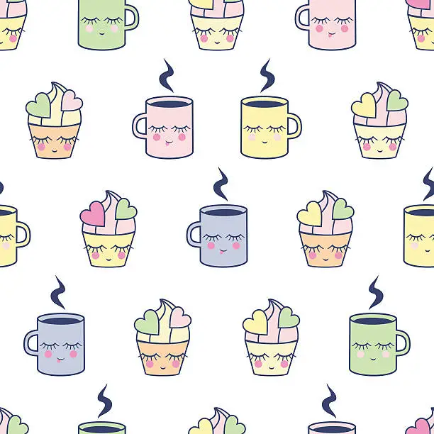 Vector illustration of Pattern with cute mugs and cupcakes