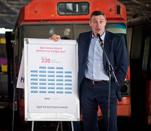 Kiev, Ukraine - February 25, 2015: Kyiv Mayor Vitali Klitschko officially denounces corruption scheme at 3 billion UAH in Kiev on Abandoned bus fleet.