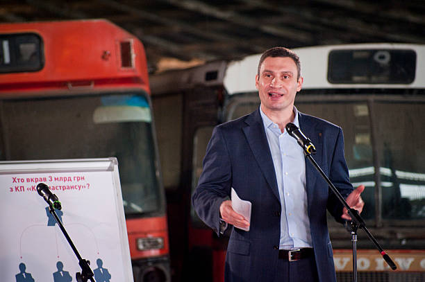 Kiev, Ukraine - February 25, 2015: Kyiv Mayor Vitali Klitschko officially denounces corruption scheme at 3 billion UAH in Kiev on Abandoned bus fleet.