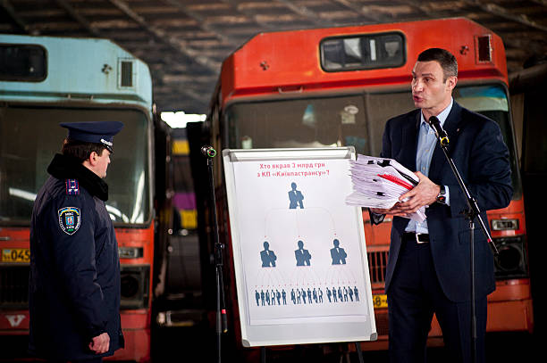 Kiev, Ukraine - February 25, 2015: Kyiv Mayor Vitali Klitschko officially denounces corruption scheme at 3 billion UAH in Kiev on Abandoned bus fleet.