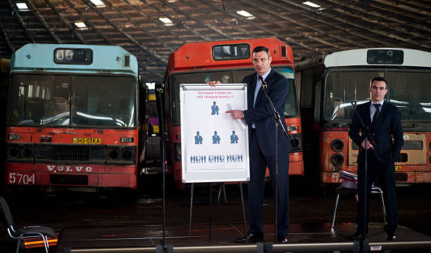 Kiev, Ukraine - February 25, 2015: Kyiv Mayor Vitali Klitschko officially denounces corruption scheme at 3 billion UAH in Kiev on Abandoned bus fleet.
