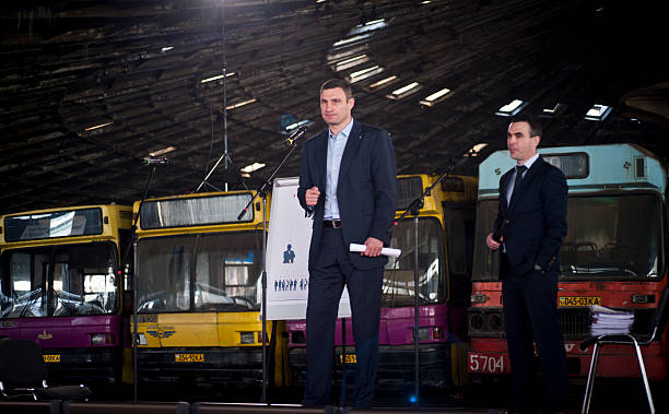 Kiev, Ukraine - February 25, 2015: Kyiv Mayor Vitali Klitschko officially denounces corruption scheme at 3 billion UAH in Kiev on Abandoned bus fleet.