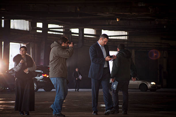 Kiev, Ukraine - February 25, 2015: Kyiv Mayor Vitali Klitschko officially denounces corruption scheme at 3 billion UAH in Kiev on Abandoned bus fleet.
