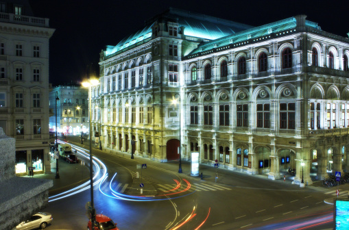 A view of a Vienna state opera house at night