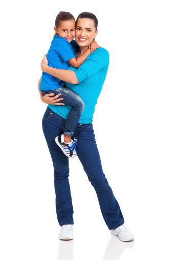 beautiful woman carrying her little girl isolated on white background