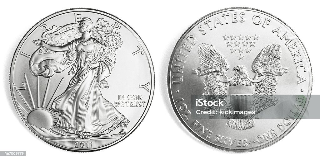 Silver Eagle Coin Front and back of an one ounce silver eagle coin, isolated on white background. Clipping path included. Coin Stock Photo