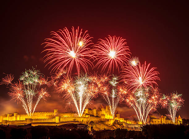 Castle Fireworks celebration Carcassone stock photo