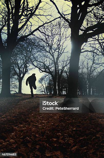 Silhouette Der Mann Läuft Im Wald 4 Stockfoto und mehr Bilder von Bedrohung - Bedrohung, Ein Mann allein, Eine Person